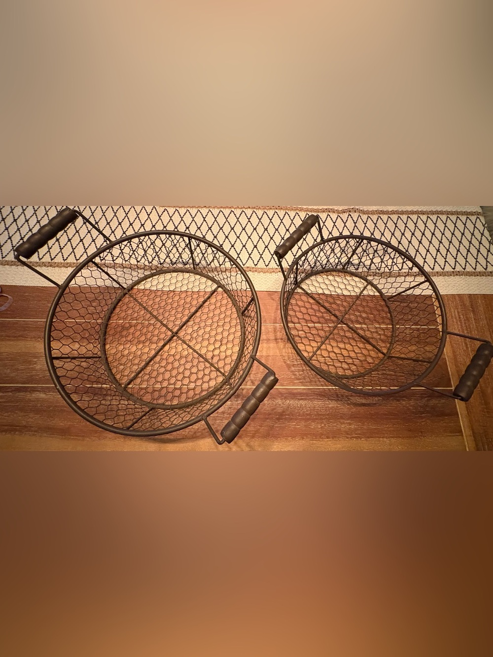 Round Wire Mesh Serving Baskets with Wooden Handles - Set of 2